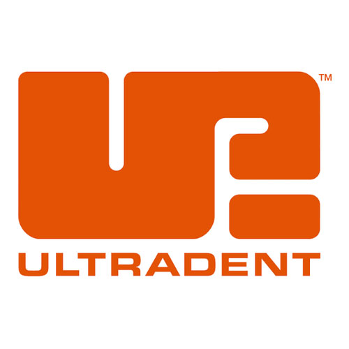 لوگوی برند آمریکایی اولترادنت Ultradent با نماد هندسی نارنجی و نوشته ULTRADENT روی پس‌زمینه سفید