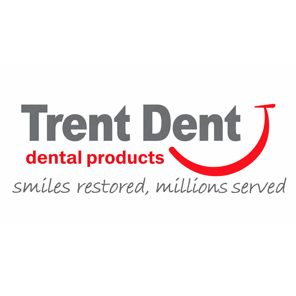 لوگوی برند ترنت دنت Trent Dent Dental Products با نوشته خاکستری، نماد لبخند قرمز و شعار Smiles Restored Millions Served