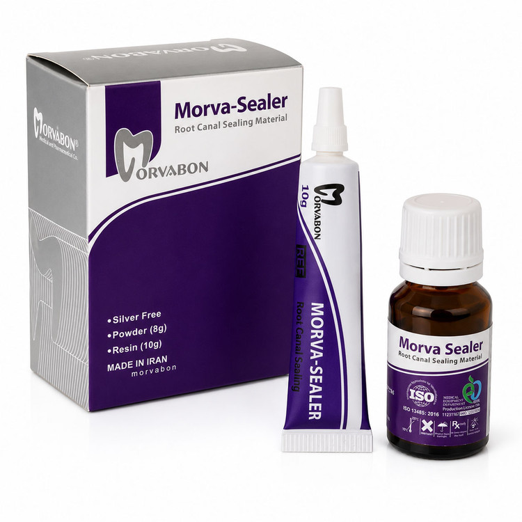 سیلر اندو رزینی مروابن Morva-Sealer مناسب آببندی کانال ریشه دندان به همراه جعبه، تیوب و بطری روی زمینه سفید