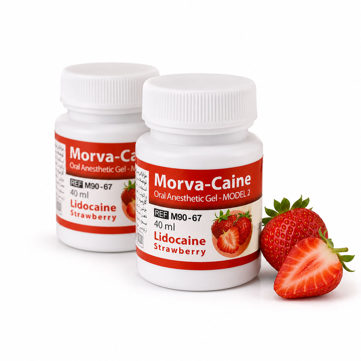 ژل بی‌حسی مروابن Morva-Caine با طعم توت‌فرنگی به همراه جعبه روی زمینه سفید