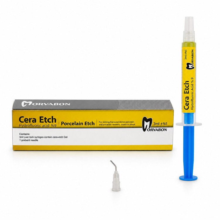اسید اچ پرسلن مروابن Cera Etch HF 9% شامل جعبه، سرنگ و نازل روی زمینه سفید