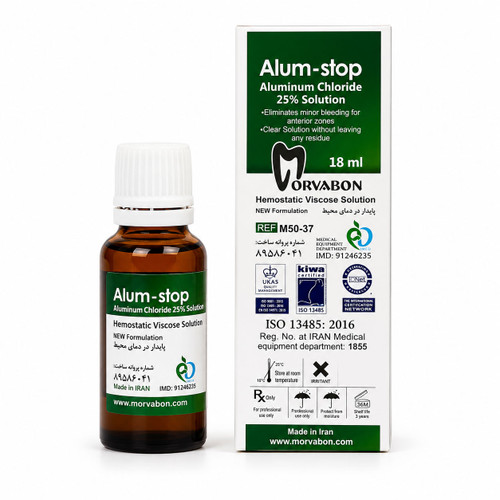 محلول هموستات مروابن Alum Stop Solution بطری ۱۸ میلیلیتری به همراه جعبه، مناسب کنترل خونریزی لثه در درمانهای ترمیمی، پروتز و قالبگیری دندانپزشکی