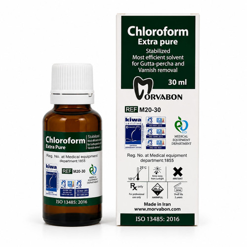کلروفرم مروابن 30 میلیلیتر به همراه جعبه محصول روی زمینه سفید | Morvabon Chloroform 30 ml