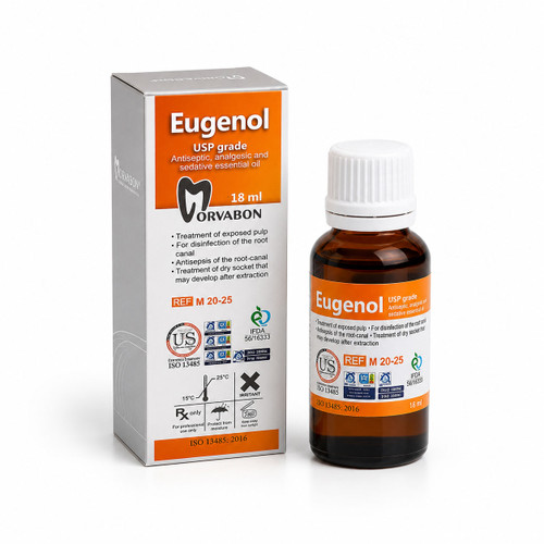 اوژنول مروابن 18 میلیلیتر (Morvabon Eugenol) بطری شیشهای دندانپزشکی با زمینه سفید