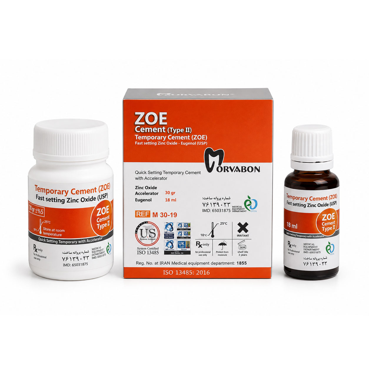 سمان زینک اکساید اوژنول مروابن (Morvabon Z.O.E) شامل قوطی 30 گرمی پودر و بطری 18 میلی‌لیتری مایع با زمینه سفید
