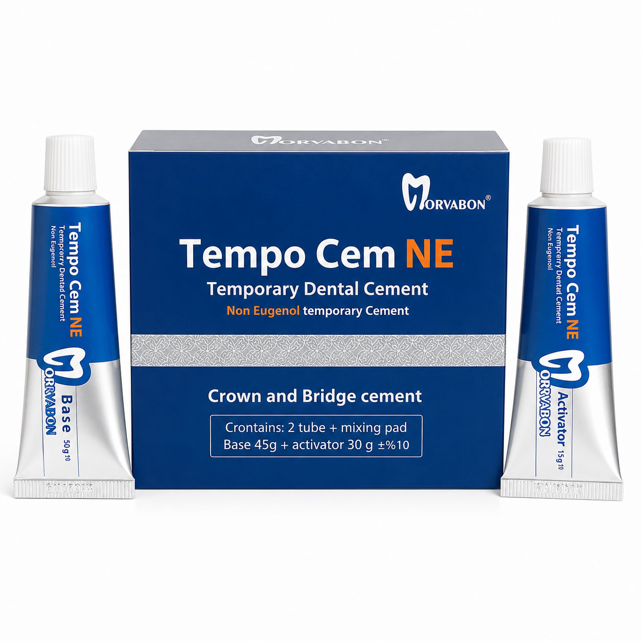 سمان موقت فاقد اوژنول مروابن Tempo Cem NE شامل جعبه، تیوب Base 50 گرمی و تیوب Activator 15 گرمی با زمینه سفید
