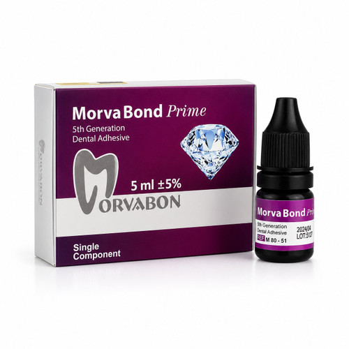 بطری 5 میلیلیتری باندینگ نسل پنجم مروابن Morva Bond Prime مناسب برای اتصال کامپوزیت به مینا و عاج دندان با زمینه سفید.