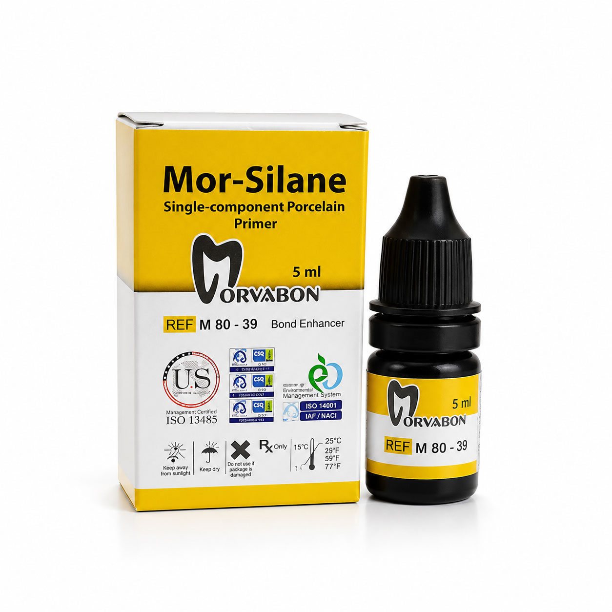 بطری 5 میلی‌لیتری سایلن مروابن Morva Silane پرسلن پرایمر تک‌جزئی مناسب افزایش چسبندگی سرامیک و پرسلن به رزین با زمینه سفید.