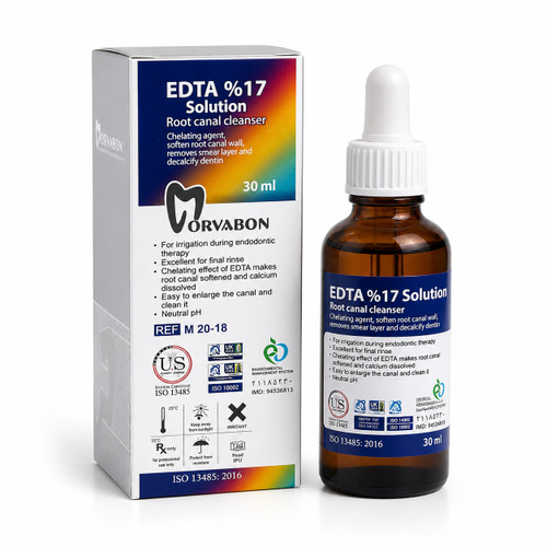 بطری 30 میلیلیتری محلول EDTA 17% مروابن مناسب حذف لایه اسمیر و آمادهسازی کانال ریشه با زمینه سفید.