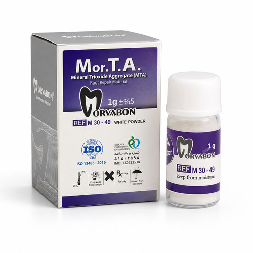 بستهبندی سمان MTA مروابن Mor.T.A یک گرمی مناسب درمانهای اندودانتیکس، ترمیم ریشه و پوشش پالپ با زمینه سفید.