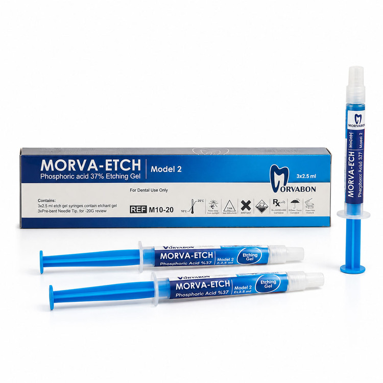بسته اسید اچ 37 درصد مروابن Morva Etch شامل 3 سرنگ 2.5 میلیلیتری و تیپهای تزریق، مناسب اچینگ مینا و عاج با زمینه سفید.