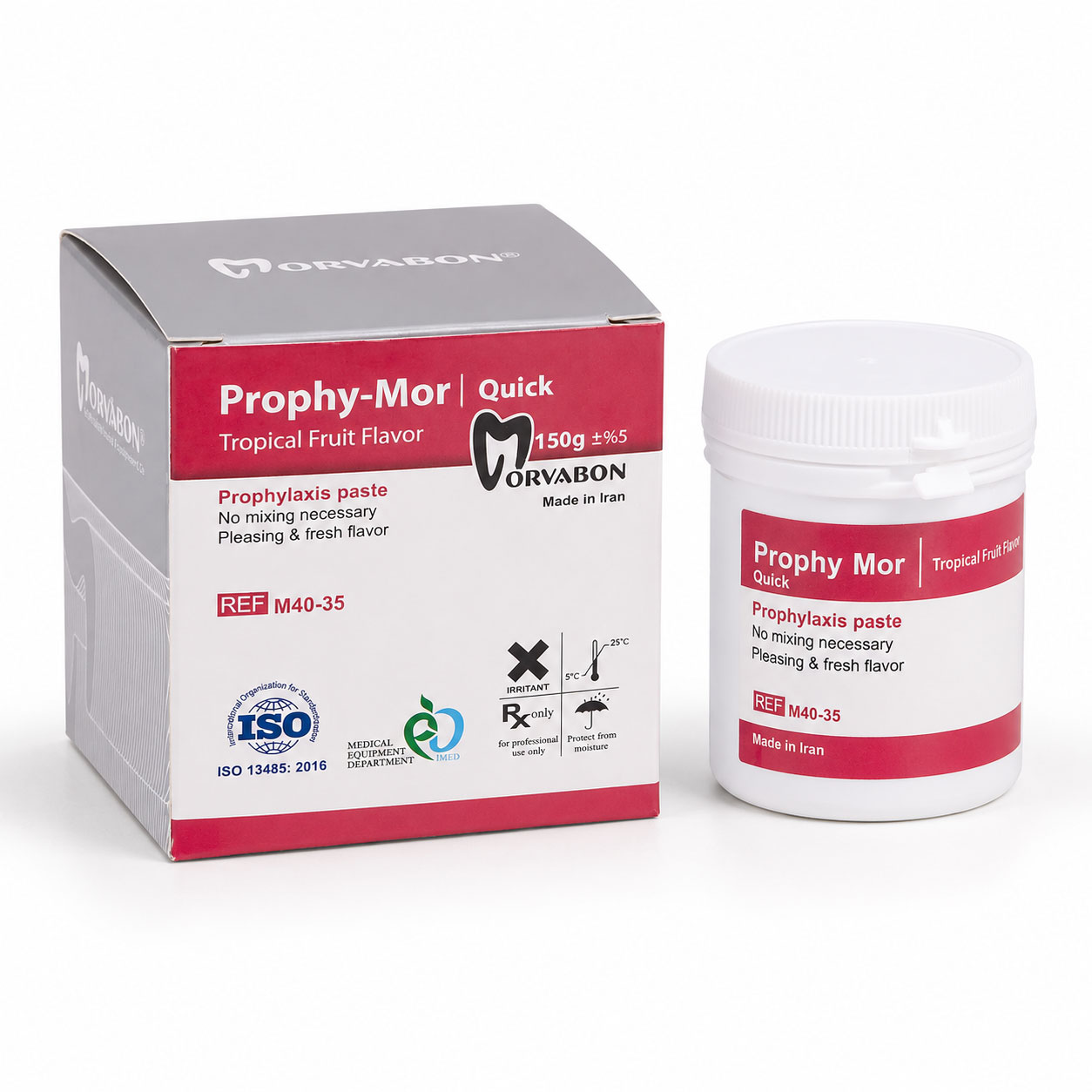 قوطی 150 گرمی خمیر جرمگیری و پولیش مروابن Prophy Mor Quick مناسب حذف پلاک و لکه‌های سطحی دندان با زمینه سفید.