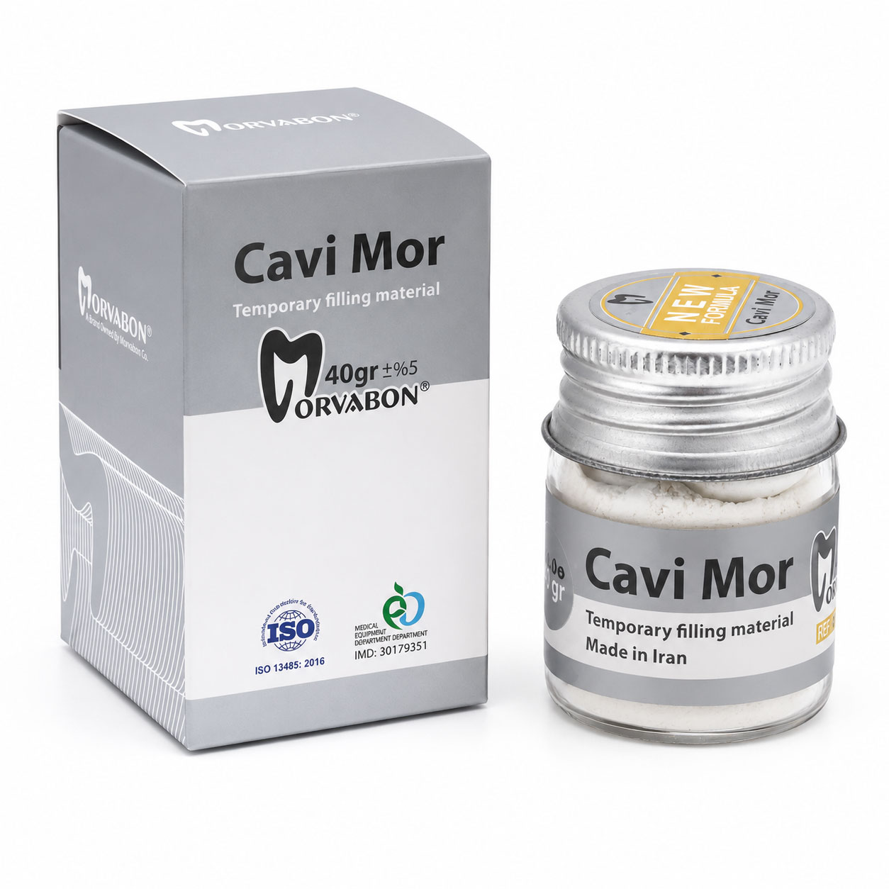 خمیر پانسمان موقت مروابن Cavi-Mor ظرف 40 گرمی در بسته‌بندی اصلی مناسب ترمیم و پانسمان موقت دندان.