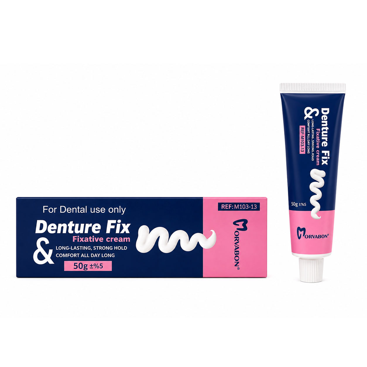 چسب دندان مصنوعی مروابن Morvabon Denture Fix وزن 50 گرم با بسته‌بندی و تیوب محصول روی زمینه سفید