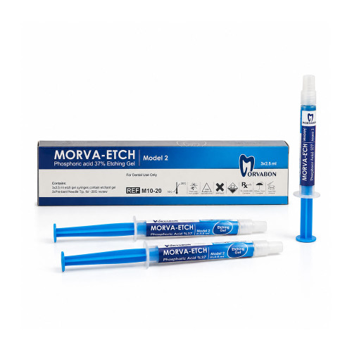 بسته اسید اچ 37 درصد مروابن Morva Etch شامل 3 سرنگ 2.5 میلیلیتری و تیپهای تزریق، مناسب اچینگ مینا و عاج با زمینه سفید.