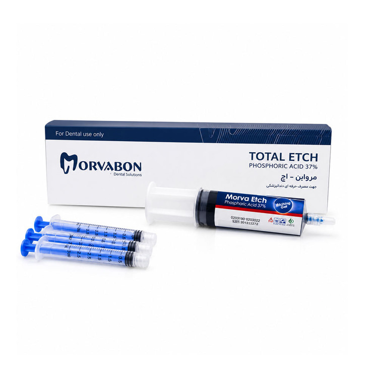 اسید اچ جامبو مروابن (Morvabon Jumbo Etch) ژل اچینگ ۳۷ درصد فسفریک اسید در سرنگ جامبو به همراه سرسوزنهای کاربردی، مناسب آمادهسازی سطح مینا و عاج قبل از باندینگ و ترمیمهای کامپوزیتی.