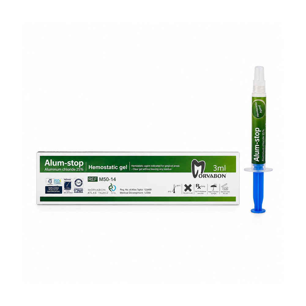 ژل هموستات مروابن Alum Stop Gel سرنگ ۳ میلی‌لیتری به همراه جعبه، مناسب کنترل خونریزی لثه در درمان‌های ترمیمی و پروتز دندانپزشکی