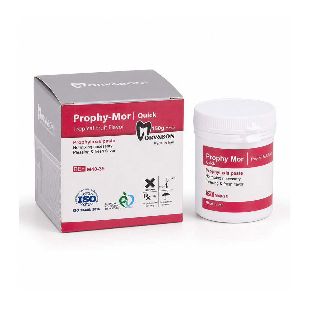 قوطی 150 گرمی خمیر جرمگیری و پولیش مروابن Prophy Mor Quick مناسب حذف پلاک و لکه‌های سطحی دندان با زمینه سفید.