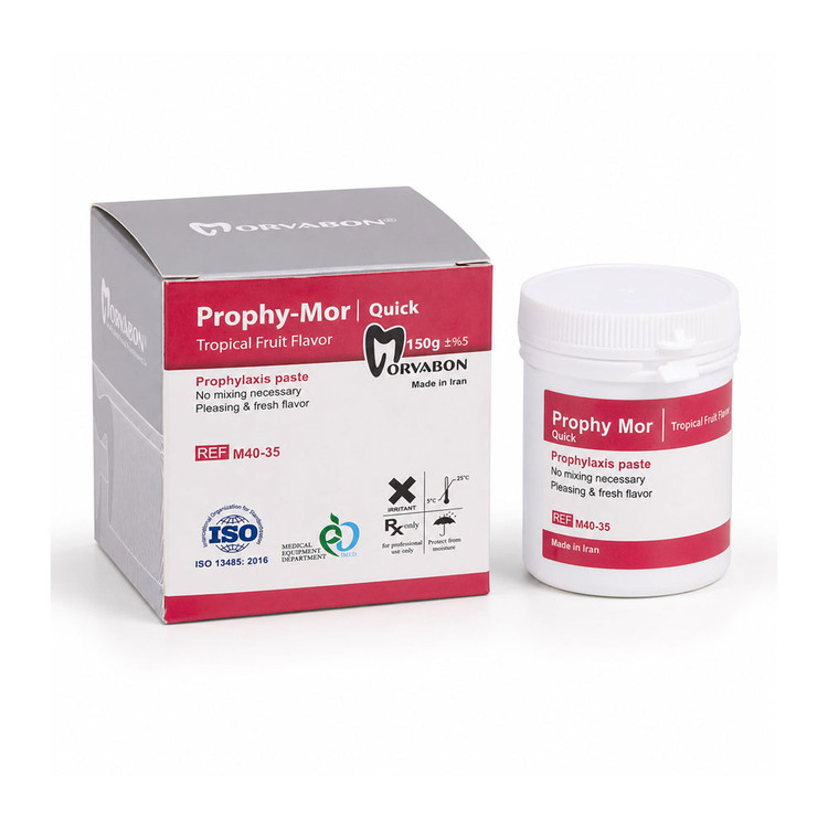 قوطی 150 گرمی خمیر جرمگیری و پولیش مروابن Prophy Mor Quick مناسب حذف پلاک و لکههای سطحی دندان با زمینه سفید.