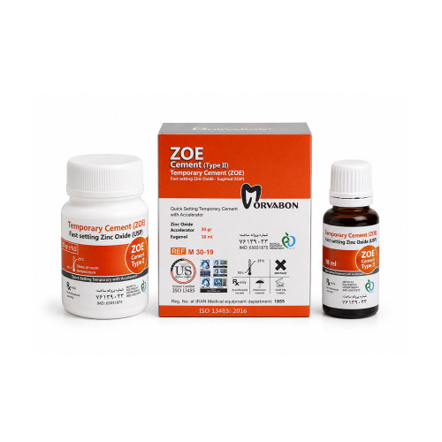 سمان زینک اکساید اوژنول مروابن (Morvabon Z.O.E) شامل قوطی 30 گرمی پودر و بطری 18 میلیلیتری مایع با زمینه سفید
