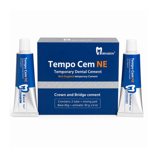سمان موقت فاقد اوژنول مروابن Tempo Cem NE شامل جعبه، تیوب Base 50 گرمی و تیوب Activator 15 گرمی با زمینه سفید