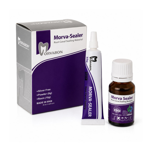 سیلر اندو رزینی مروابن Morva-Sealer مناسب آببندی کانال ریشه دندان به همراه جعبه، تیوب و بطری روی زمینه سفید