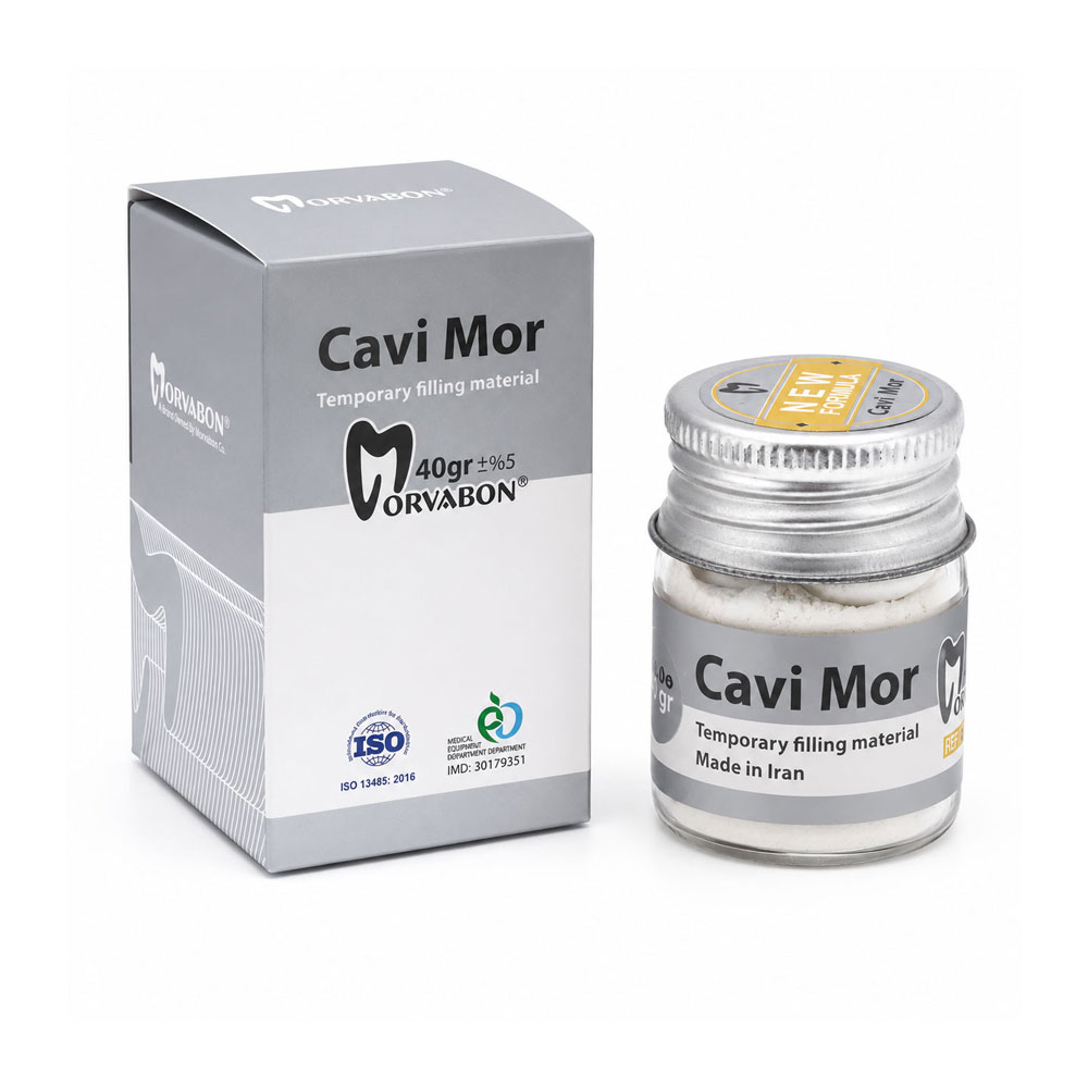 خمیر پانسمان موقت مروابن Cavi-Mor ظرف 40 گرمی در بسته‌بندی اصلی مناسب ترمیم و پانسمان موقت دندان.