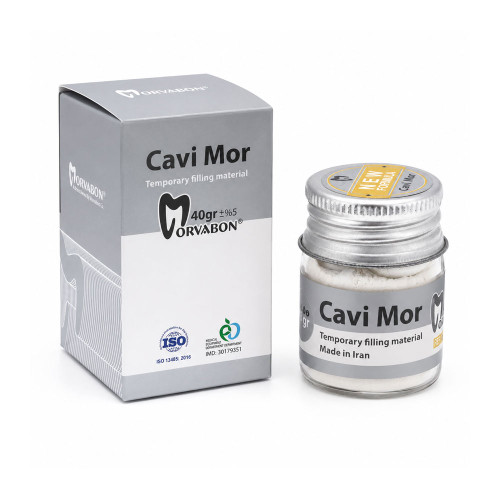 خمیر پانسمان موقت مروابن Cavi-Mor ظرف 40 گرمی در بستهبندی اصلی مناسب ترمیم و پانسمان موقت دندان.