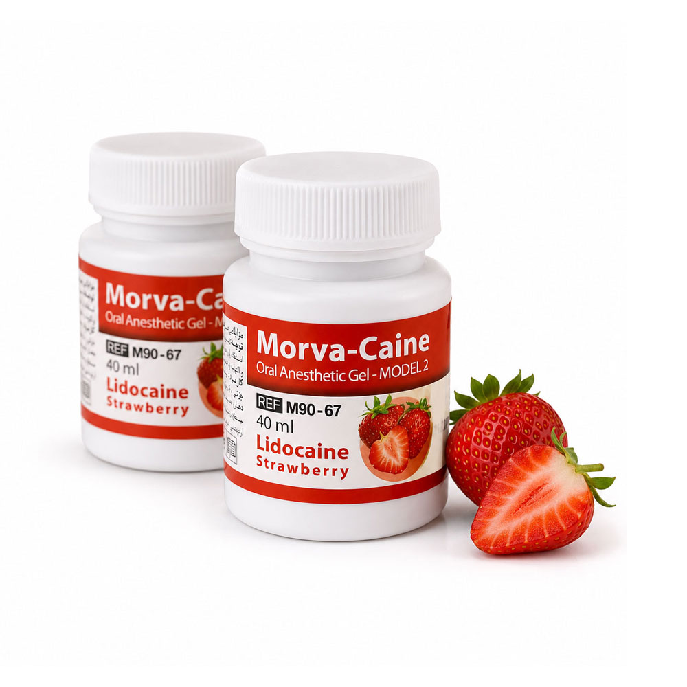 ژل بی‌حسی مروابن Morva-Caine با طعم توت‌فرنگی به همراه جعبه روی زمینه سفید
