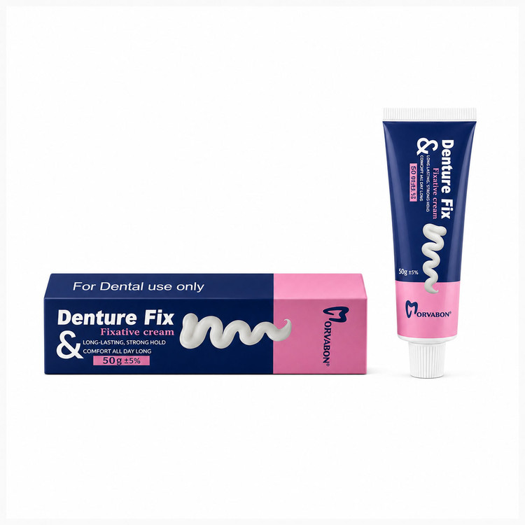 چسب دندان مصنوعی مروابن Morvabon Denture Fix وزن 50 گرم با بستهبندی و تیوب محصول روی زمینه سفید