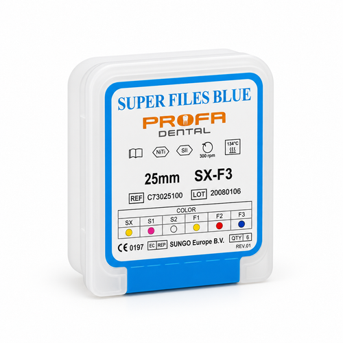 فایل روتاری پروفا دنتال Super Files Blue ست 6 عددی SX تا F3 طول 25 میلیمتر