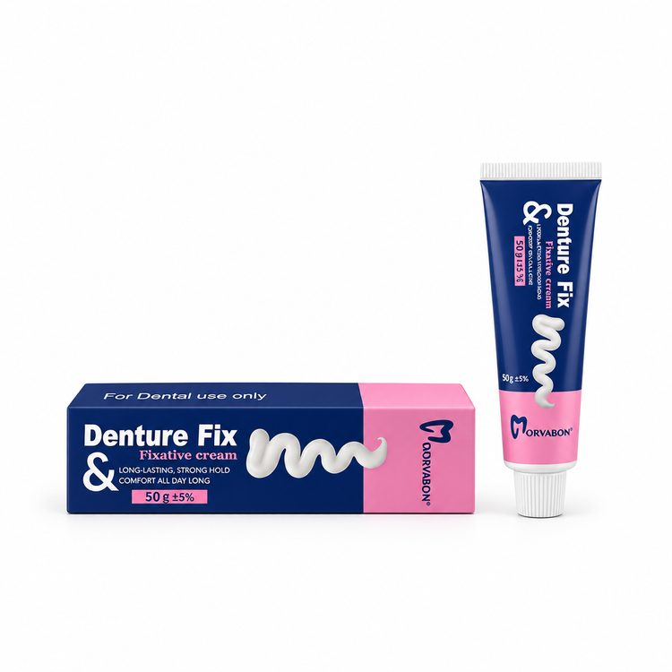 چسب دندان مصنوعی مروابن Morvabon Denture Fix وزن 50 گرم با بستهبندی و تیوب محصول روی زمینه سفید