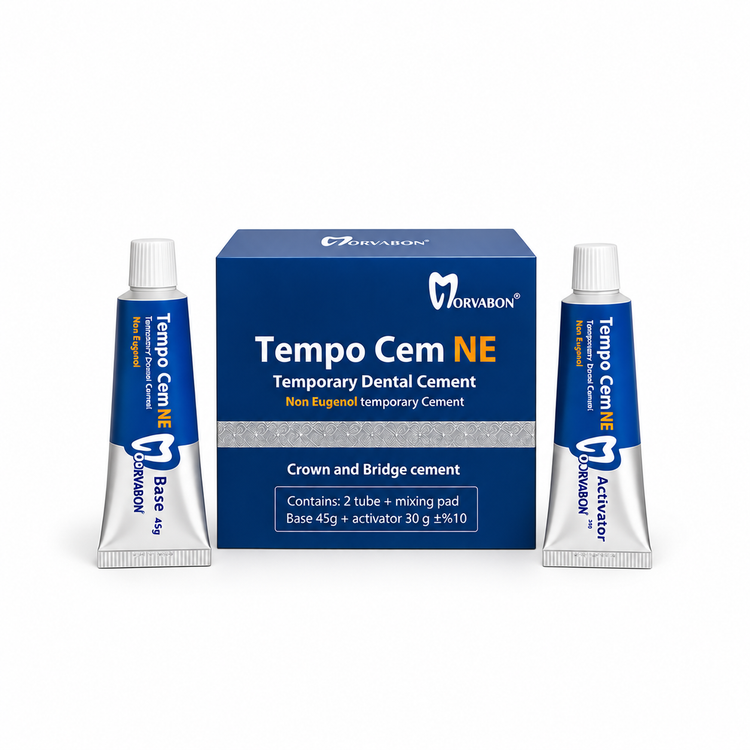 سمان موقت فاقد اوژنول مروابن Tempo Cem NE شامل جعبه، تیوب Base 50 گرمی و تیوب Activator 15 گرمی با زمینه سفید
