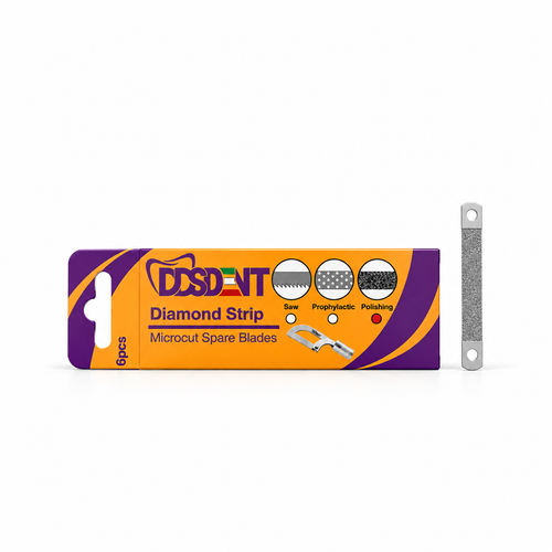 بسته ۶ عددی تیغ پرداخت یدکی کمان اره بین دندانی دی اس دنت DSDENT مدل Proximal Saw Polishing، مناسب پرداخت سطوح بین دندانی، زمینه سفید