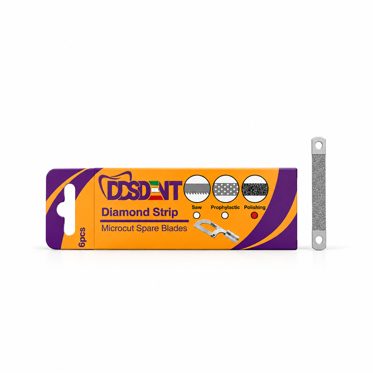 بسته ۶ عددی تیغ پرداخت یدکی کمان اره بین دندانی دی اس دنت DSDENT مدل Proximal Saw Polishing، مناسب پرداخت سطوح بین دندانی، زمینه سفید