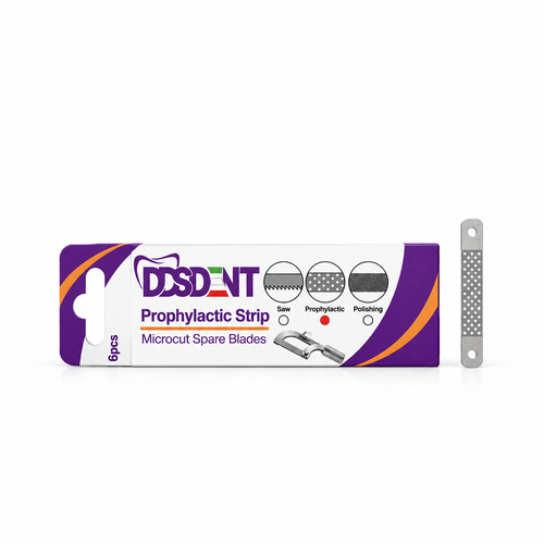 بسته ۶ عددی تیغ جرمگیر یدکی کمان دی اس دنت DSDENT مدل Microcut Prophylactic به همراه یک تیغه فلزی مخصوص پاکسازی بین دندانی روی زمینه سفید