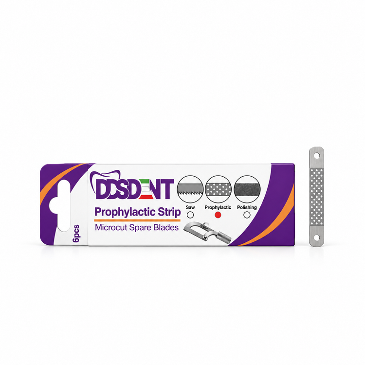 بسته ۶ عددی تیغ جرمگیر یدکی کمان دی اس دنت DSDENT مدل Microcut Prophylactic به همراه یک تیغه فلزی مخصوص پاکسازی بین دندانی روی زمینه سفید
