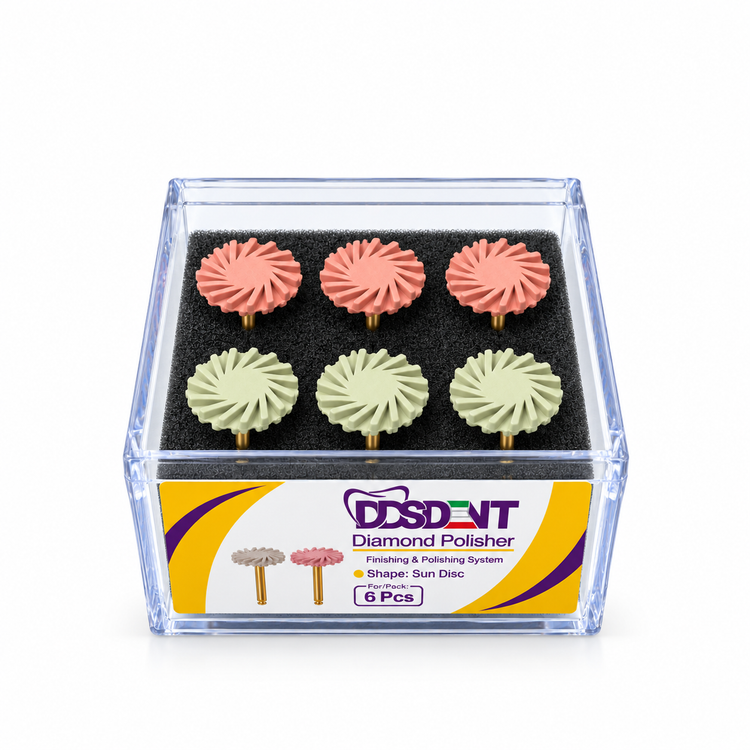 دیسک پالیش خورشیدی کامپوزیت دندانپزشکی با طراحی پرهای انعطافپذیر، مناسب پرداخت و پولیش سطوح منحنی ترمیمهای کامپوزیتی، زمینه سفید